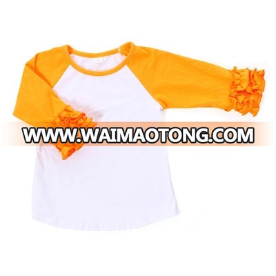 cotton white body yellow sleeve girls baby plain white t shirts with ruffles